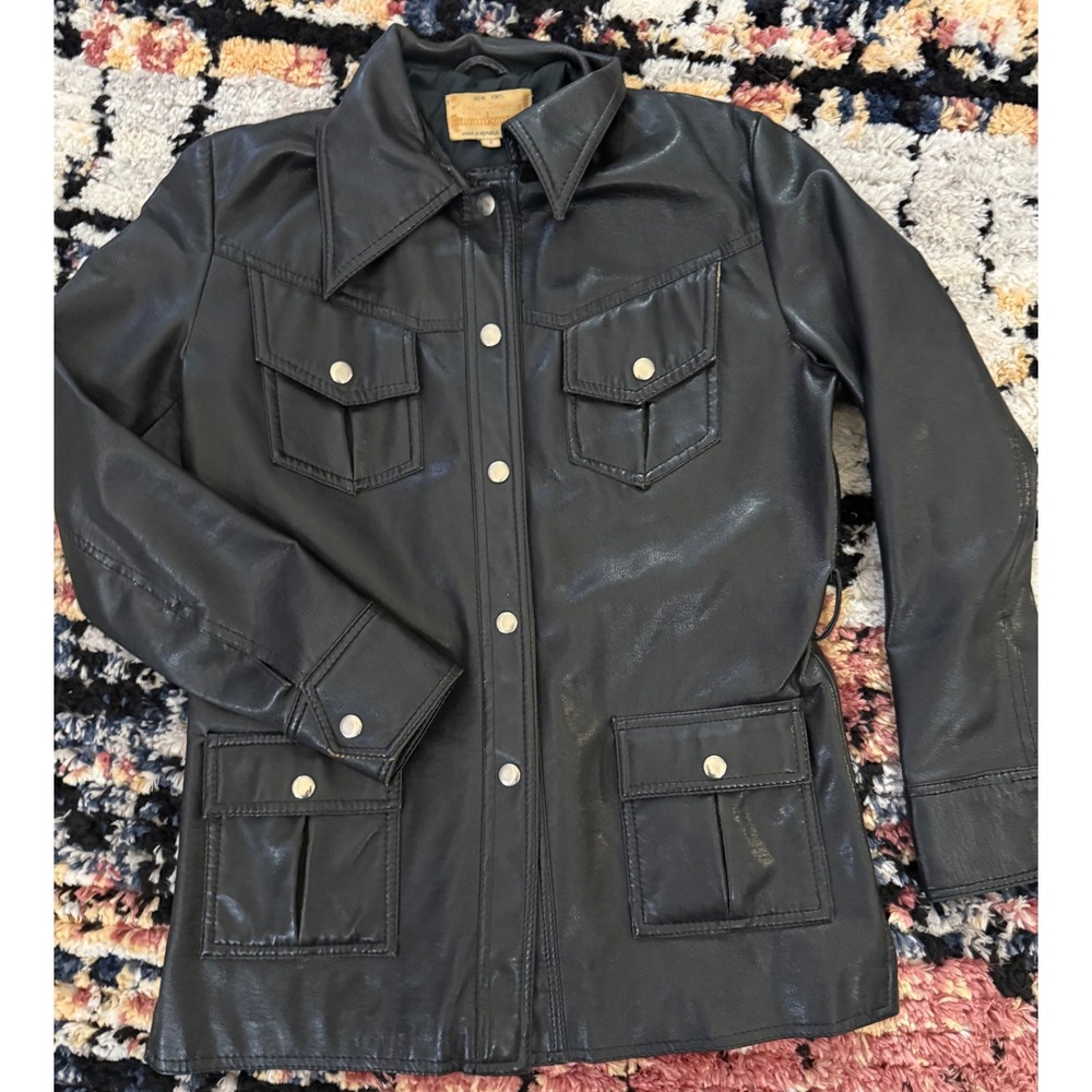 Vintage Giannkenyi Black Vinyl Safari Jacket Womens Small 70s Retro Utility Coat